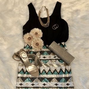 Pink Owl Black Top Sequined Skirt Cocktail Dress